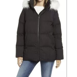 Sam Edelman Faux Fur Trimmed Hooded Zip Front Puffy Parka Size Medium Black NWT